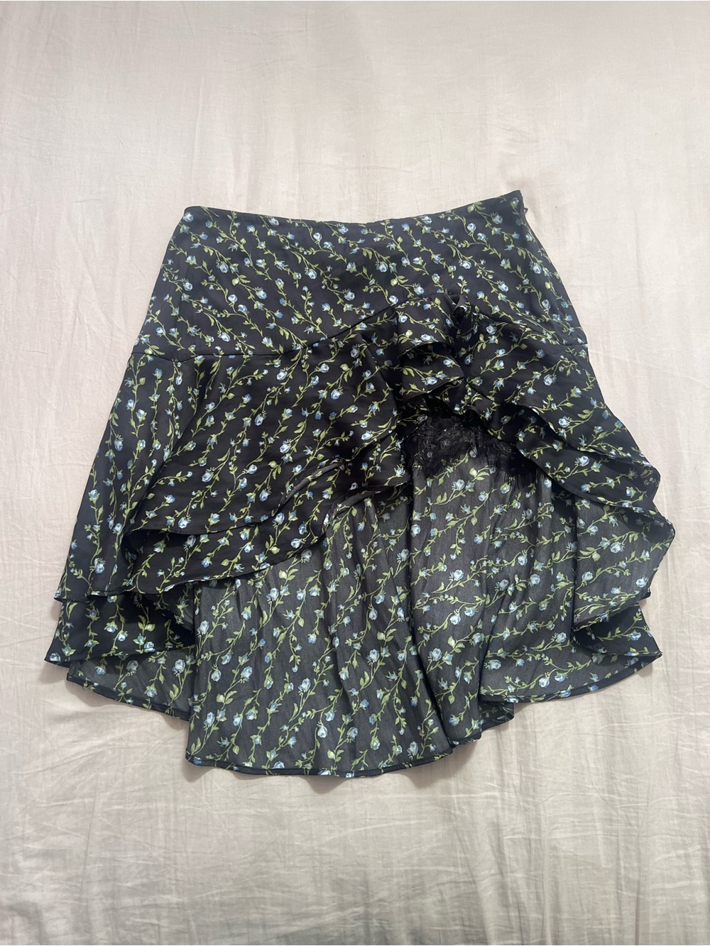Kimchi Blue Black High-Low Ruffle Skirt with Blue Floral Print